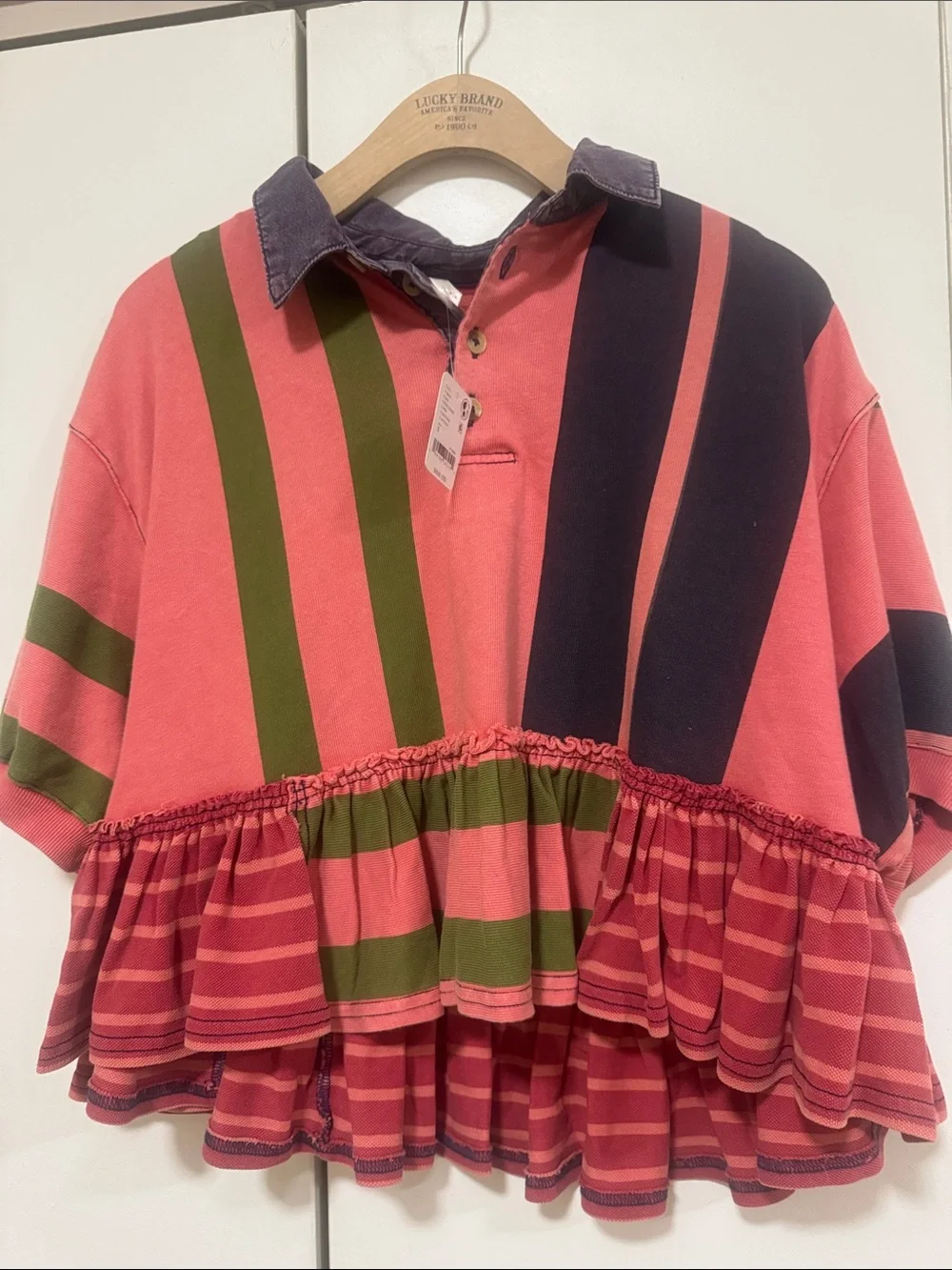 Free People Coral Rugby Polo with Olive and Charcoal Stripes